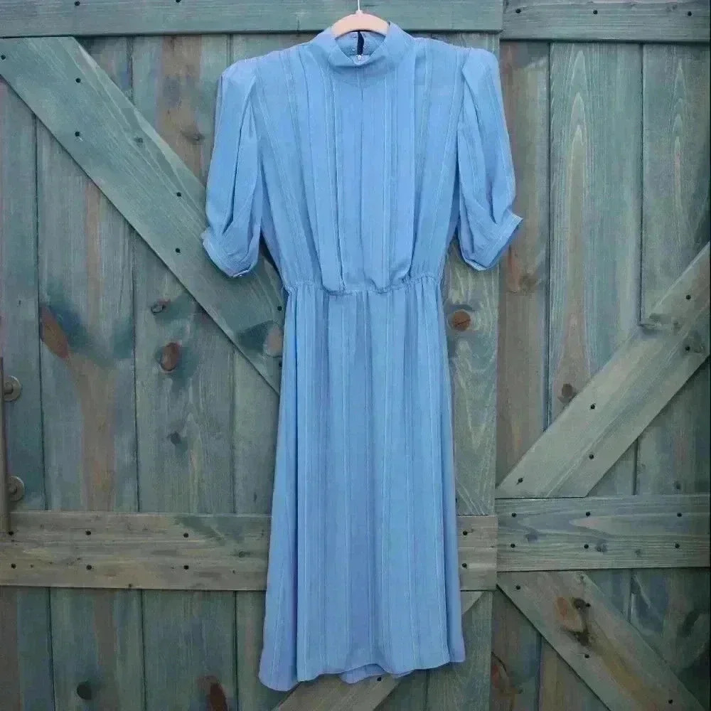 Vintage 80s Sheer Dress Blue Puffy Sleeve Pleated Size Small 4 5 6